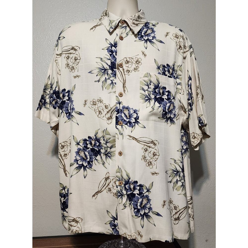 Men's Floral Short-Sleeve Button-Up Shirt - Cream with Blue Floral